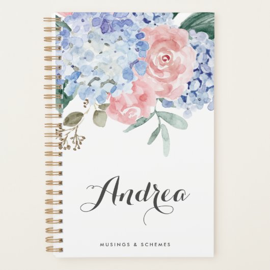 Blue Hydrangeas und Pink Roses Script Planer (Vorderseite)