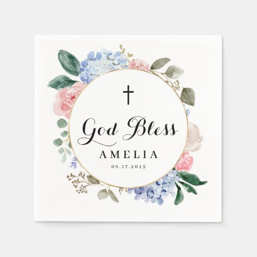 Blue Hydrangeas und Rose Gott segne Taufe Serviette (Vorderseite)