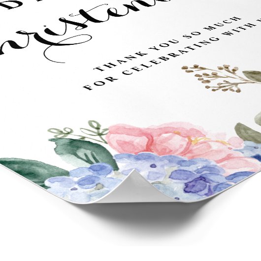 Blue Hydrangeas und Roses Christening Willkommen Poster (Ecke)