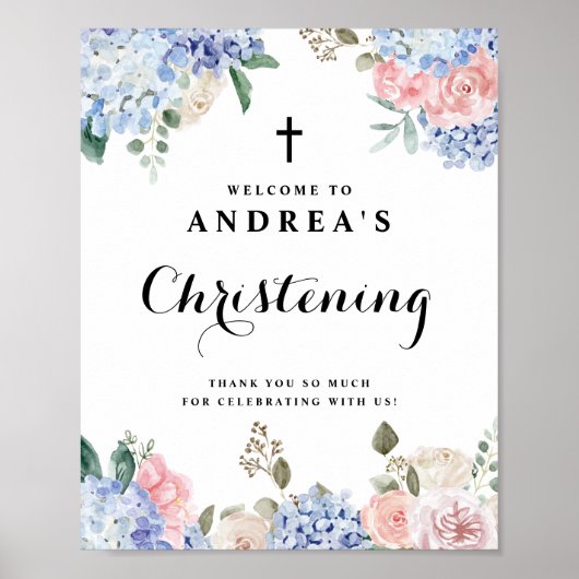 Blue Hydrangeas und Roses Christening Willkommen Poster (Vorne)