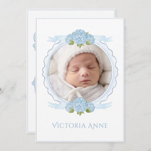 Blue Hydrangeas Vintage Birth Announcement Einladung (Vorne/Hinten)