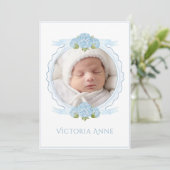 Blue Hydrangeas Vintage Birth Announcement Einladung (Stehend Vorderseite)
