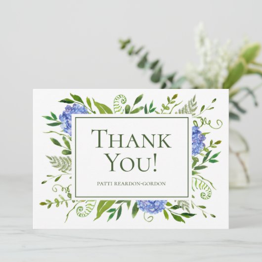 Blue Hydrangeas Wasserfarbe Name Dankeskarte (Stehend Vorderseite)