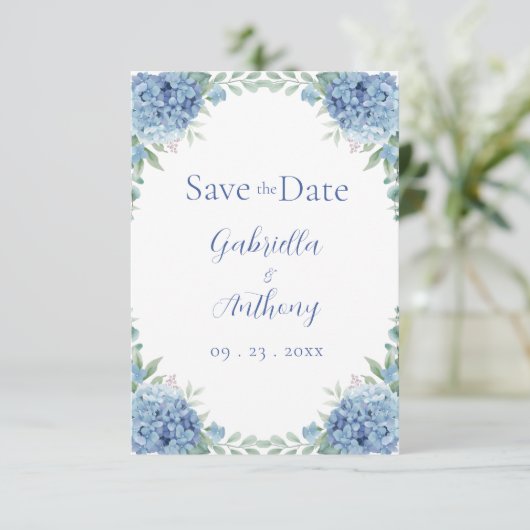 Blue Hydrangeas Watercolor Blumenzettel Save The Date (Stehend Vorderseite)