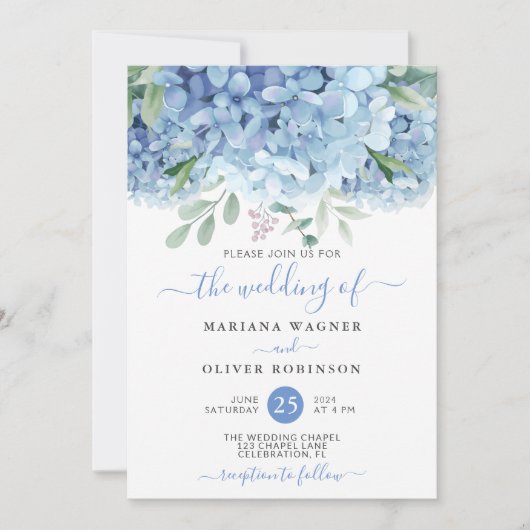 Blue Hydrangeas Watercolor Floral Wedding Einladung (Vorderseite)