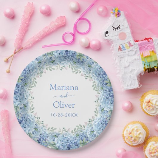 Blue Hydrangeas Watercolor Floral Wedding Pappteller (Party)