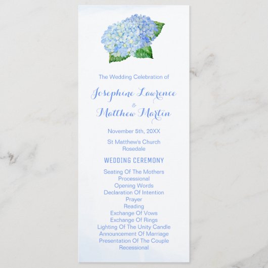 Blue Hydrangeas Watercolor Hochzeitsprogramme Programm (Vorderseite)