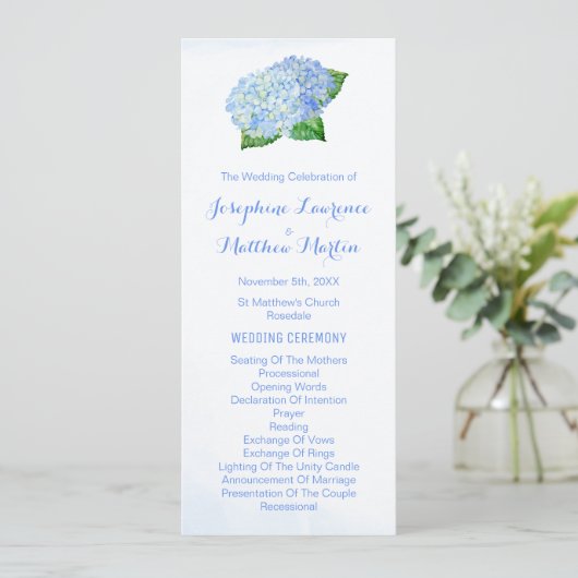 Blue Hydrangeas Watercolor Hochzeitsprogramme Programm (Stehend Vorderseite)