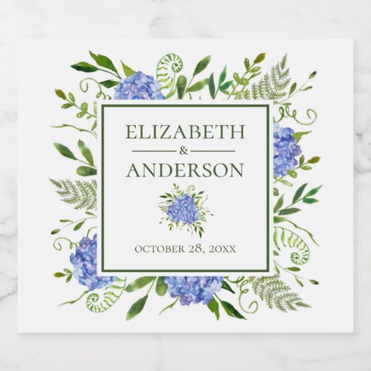 Blue Hydrangeas Watercolor Wedding Schaumweinetikett (Einzelnes Label)