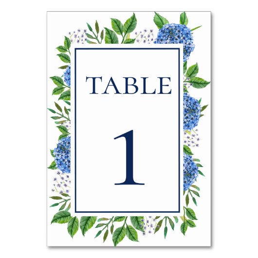 Blue Hydrangeas Watercolor Wedding Tischnummer (Vorderseite)