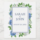 Blue Hydrangeas Watercolor Wedding Wine Label Weinetikett (Einzelnes Label)
