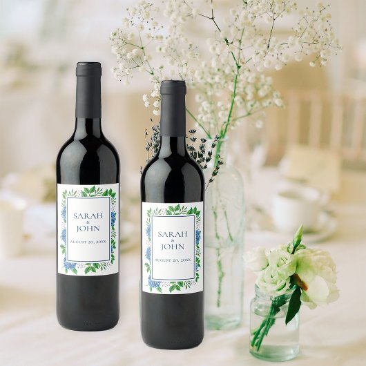 Blue Hydrangeas Watercolor Wedding Wine Label Weinetikett