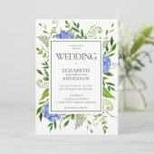 Blue Hydrangeas Wedding Einladung (Stehend Vorderseite)