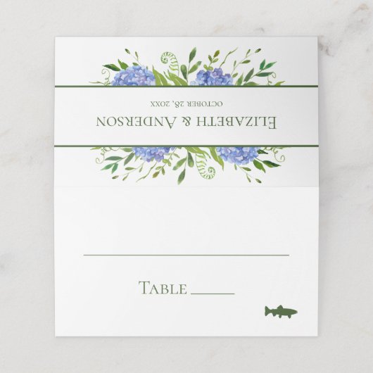 Blue Hydrangeas Wedding Platzkarte (Außenseite Aufgefaltet)