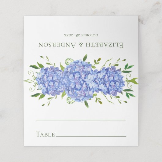 Blue Hydrangeas Wedding Platzkarte (Außenseite Aufgefaltet)