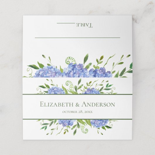 Blue Hydrangeas Wedding Platzkarte (Außenseite Aufgefaltet)