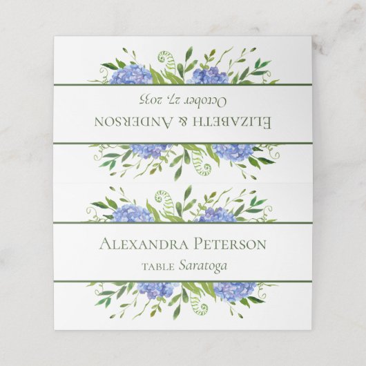 Blue Hydrangeas Wedding Platzkarte (Außenseite Aufgefaltet)