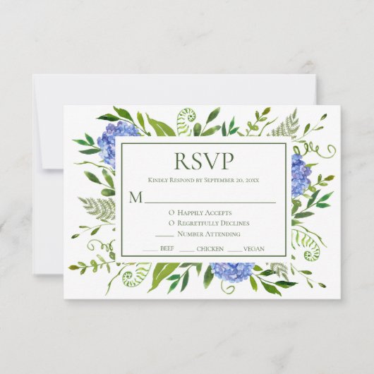 Blue Hydrangeas Wedding RSVP Karte (Vorderseite)