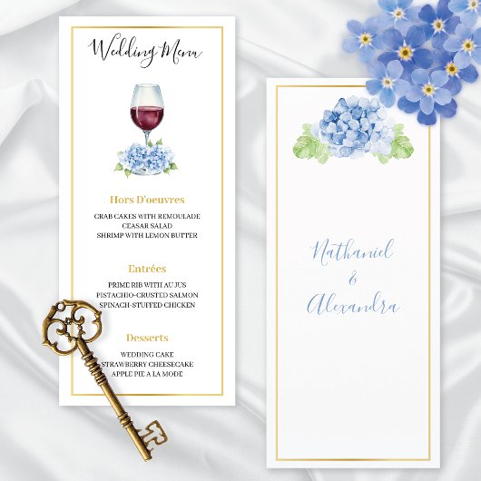 Blue Hydrangeas Wine Glass Wedding Flat Menu Menükarte