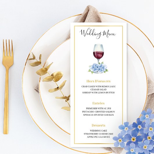 Blue Hydrangeas Wine Glass Wedding Flat Menu Menükarte