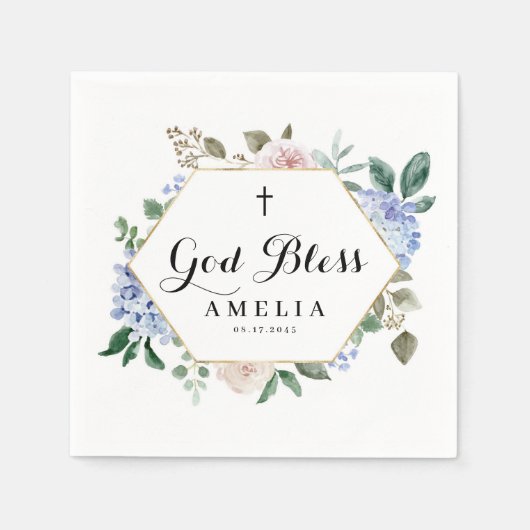 Blue Hydrangees und Rose Gott segne Bläserrahmen Serviette (Vorderseite)