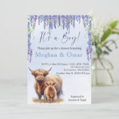 Blue Hyrdrangeas Highland Kuh Baby Dusche Einladung (Stehend Vorderseite)