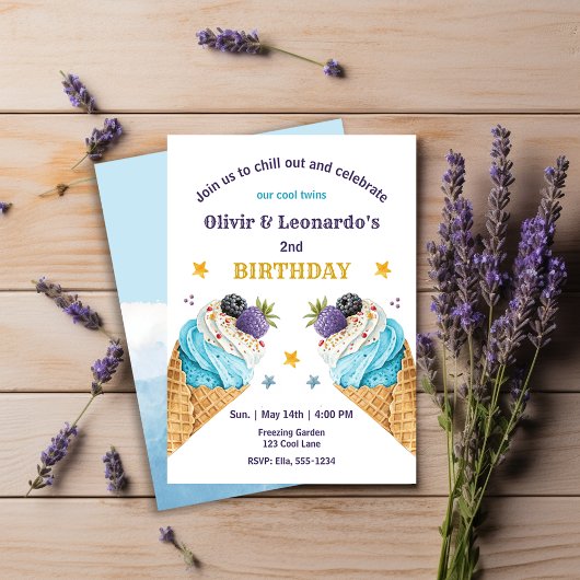 Blue Ice Cream Scoops für zwei Jungen zum Geburtst Einladung