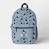 Blue Ice Hockey Stick, Skate, Puck Monogram Bedruckter Rucksack (Vorderseite)