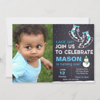 Blue Ice Skate Geburtstag Einladung mit Foto