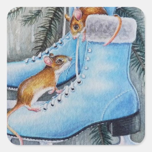 Blue Ice Skate & Mice Holiday Zuhause Watercolor Quadratischer Aufkleber (Vorderseite)