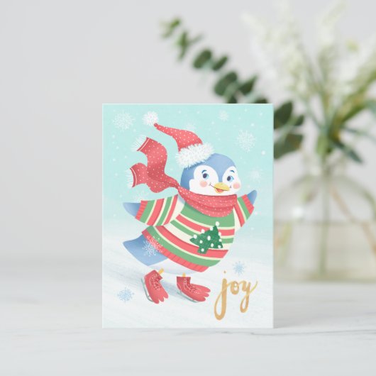 Blue Ice Skaten Penguin Postkarte (Stehend Vorderseite)