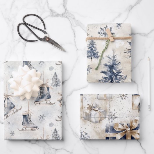 Blue Ice Skates Snowflakes Christmas Trees Gifts Geschenkpapier Set (Vorderseite)