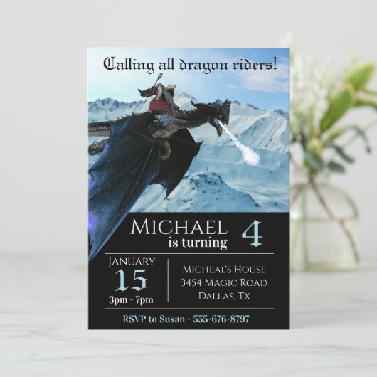Blue Ice Snow Dragon Rider Assistent zum Geburtsta Einladung (Stehend Vorderseite)