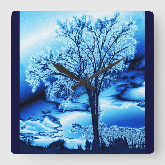Blue Iced Tree Wall Clock Quadratische Wanduhr (Vorderseite)