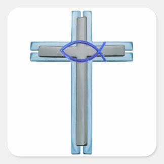 Blue Ichthus Cross Quadratischer Aufkleber