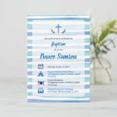Blue Icons on Nautical Stripes Taufe Einladung (Stehend Vorderseite)