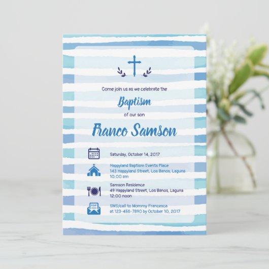 Blue Icons on Nautical Stripes Taufe Einladung (Stehend Vorderseite)