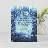 Blue Icy Snowy Winter Wonderland Sweet 16 Party Einladung (Stehend Vorderseite)