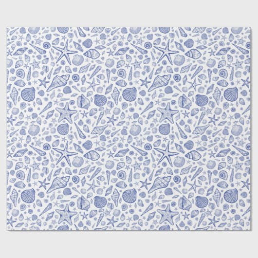 Blue Illustriert Seashell Ocean Wrapping Paper Geschenkpapier (Flach)