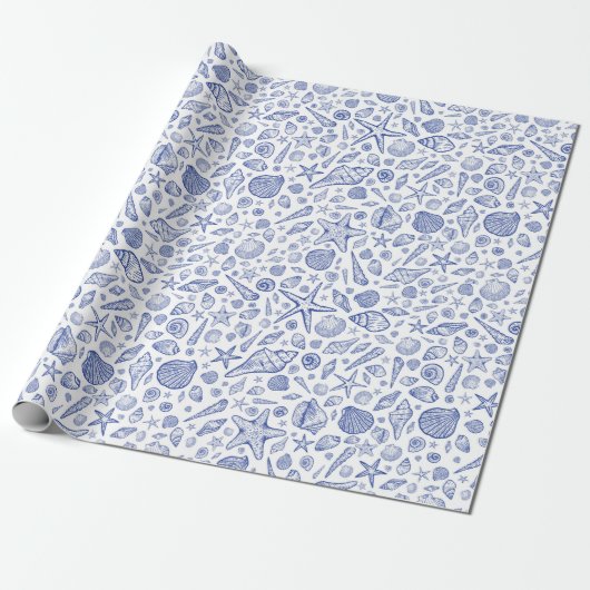 Blue Illustriert Seashell Ocean Wrapping Paper Geschenkpapier (Ungerollt)