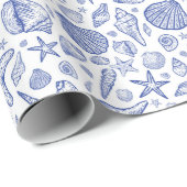 Blue Illustriert Seashell Ocean Wrapping Paper Geschenkpapier (Rolleneckpunkt)
