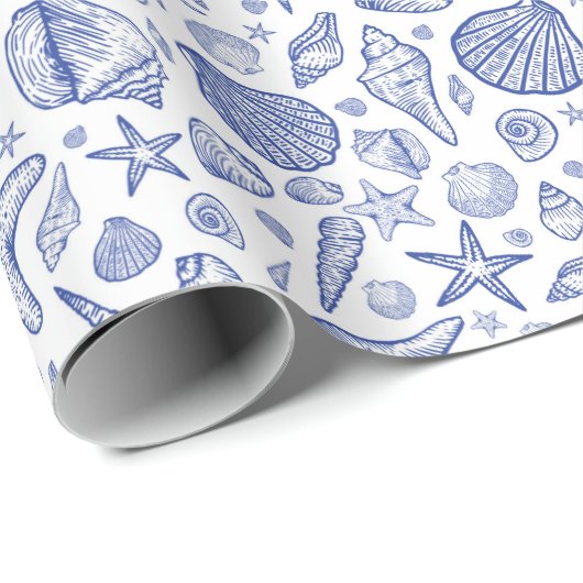 Blue Illustriert Seashell Ocean Wrapping Paper Geschenkpapier (Rolleneckpunkt)