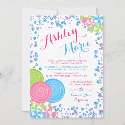 Blue Imitate Glitzer Candy Bat Mitzvah Einladungen (Vorderseite)