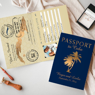 Blue Imitate Gold Foil Cuba Wedding Passport Einladung
