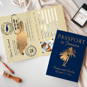 Blue Imitate Gold Foil Jamaica Wedding Passport Einladung