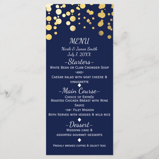 Blue & Imitate Gold Moderne Dots Wedding Menu Card Menükarte (Vorderseite)