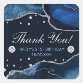 Blue & Imitate Silver Glitzer Agate Birthday Quadratischer Aufkleber