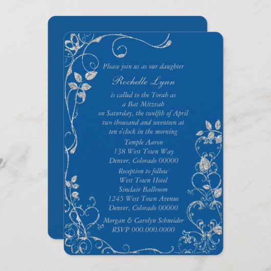 Blue Imitats Diamond Heart Swirl Bat Mitzvah Einladung (Vorne/Hinten)