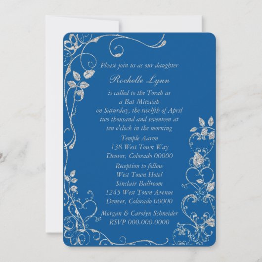 Blue Imitats Diamond Heart Swirl Bat Mitzvah Einladung (Vorderseite)