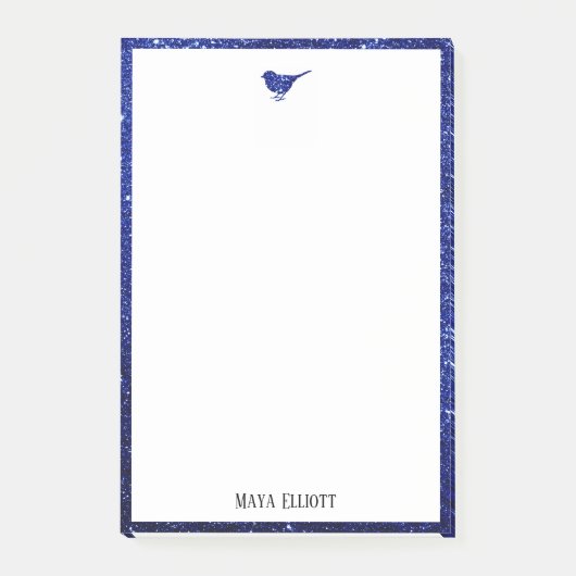 Blue Imitats Glitzer Bird & Border auf Weiß Post-it Klebezettel (Vorderseite)